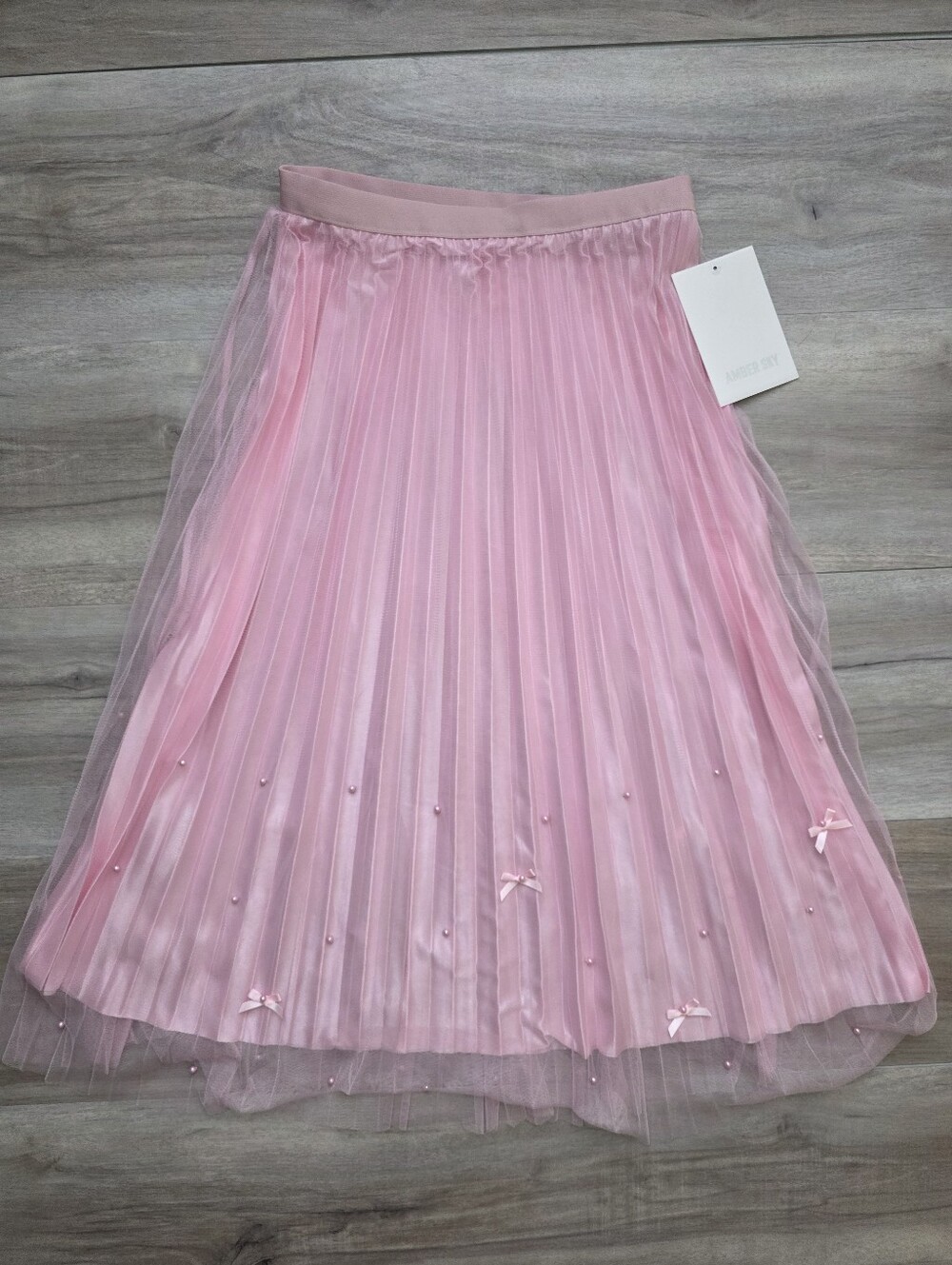 Pleated Pink Midi Tulle Skirt with Bow & Pearl Accents Size Large